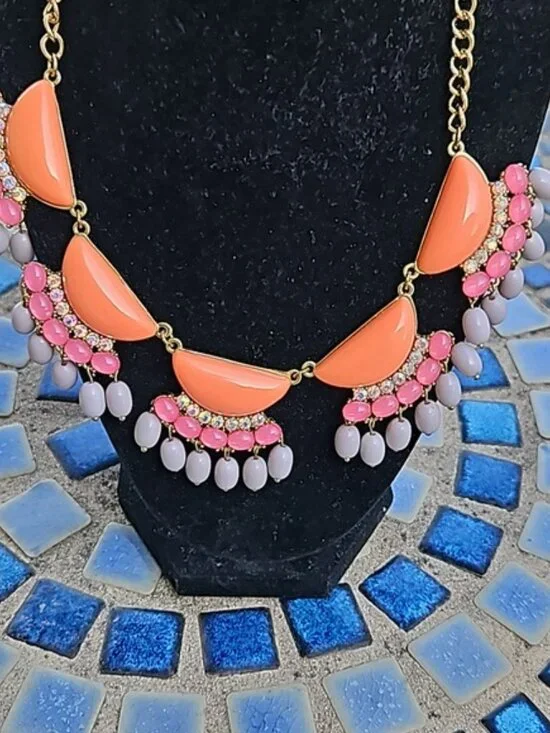 Bejeweled Statement Necklace. Peach Pink Gray AB Stones Necklace. - Picture 2 of 4
